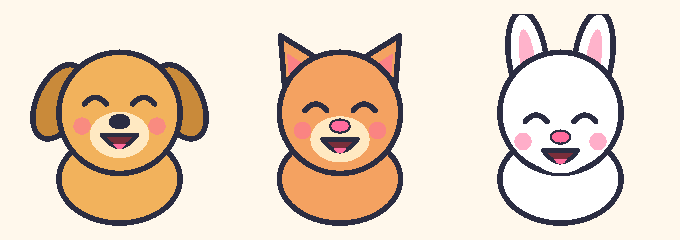 The game art for the puppy, kitten and bunny