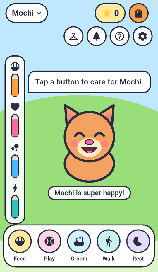 Mochi the kitten on the PetPal home screen