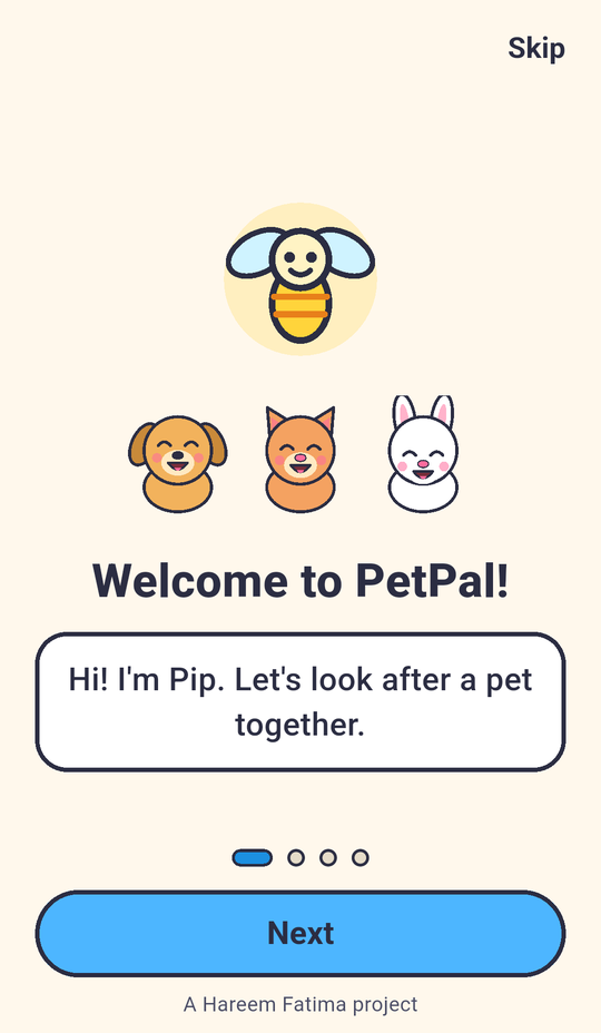 PetPal welcome screen with Pip and three starter pets
